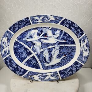 VTG Albert Kessler Flying Cranes Platter 18" Blue White Porcelain Hand Painted